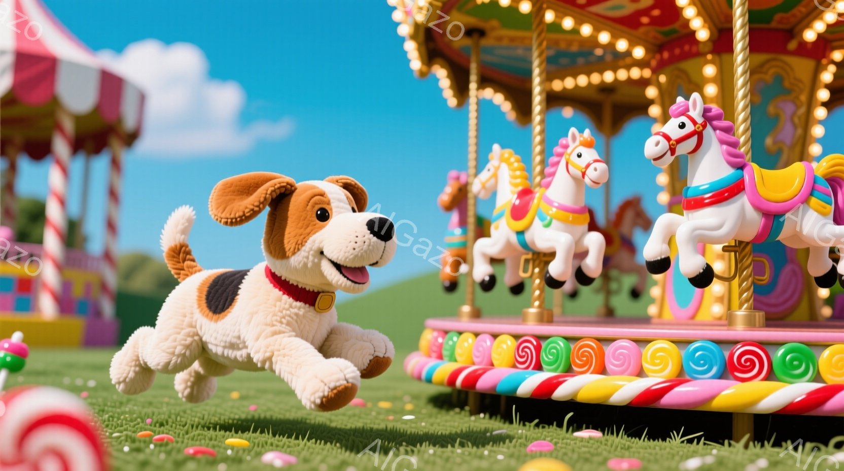 カラフルなメリーゴーランドを背景に、茶色と白の犬が芝生の上を駆け抜けています。犬は赤い首輪を付けており、楽しそうな表情で前方を向いています。背景には、ピンクと白のストライプ模様のテントと、青空と雲が広がっており、明るく陽気な雰囲気を醸し出しています。