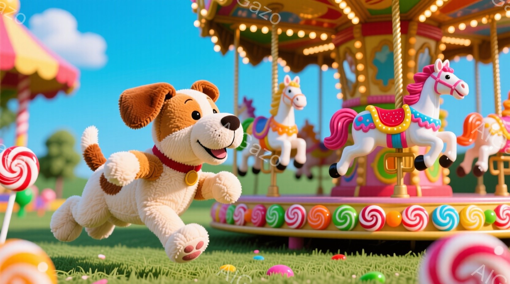 緑の芝生の上を走る、ふわふわの白い犬が描かれています。犬は赤い首輪を付けており、嬉しそうな表情で、右方向に走り、背景にはカラフルなメリーゴーランドとキャンディーが散らばっています。明るい日差しと鮮やかな色彩が、楽しいお祭り気分を演出しています。