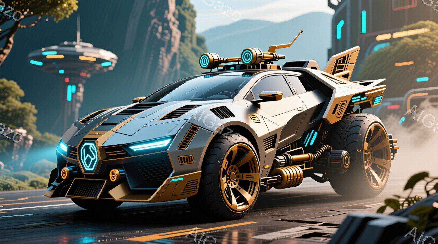 未来的なデザインのオフロード車が、アスファルトの道路に沿って走っている。車体は白と金色の配色で、青色の発光線がアクセントになっている。背景には、高い山々、近代的な建物、そして空飛ぶ円盤が見られ、未来都 - AI生成フリー素材