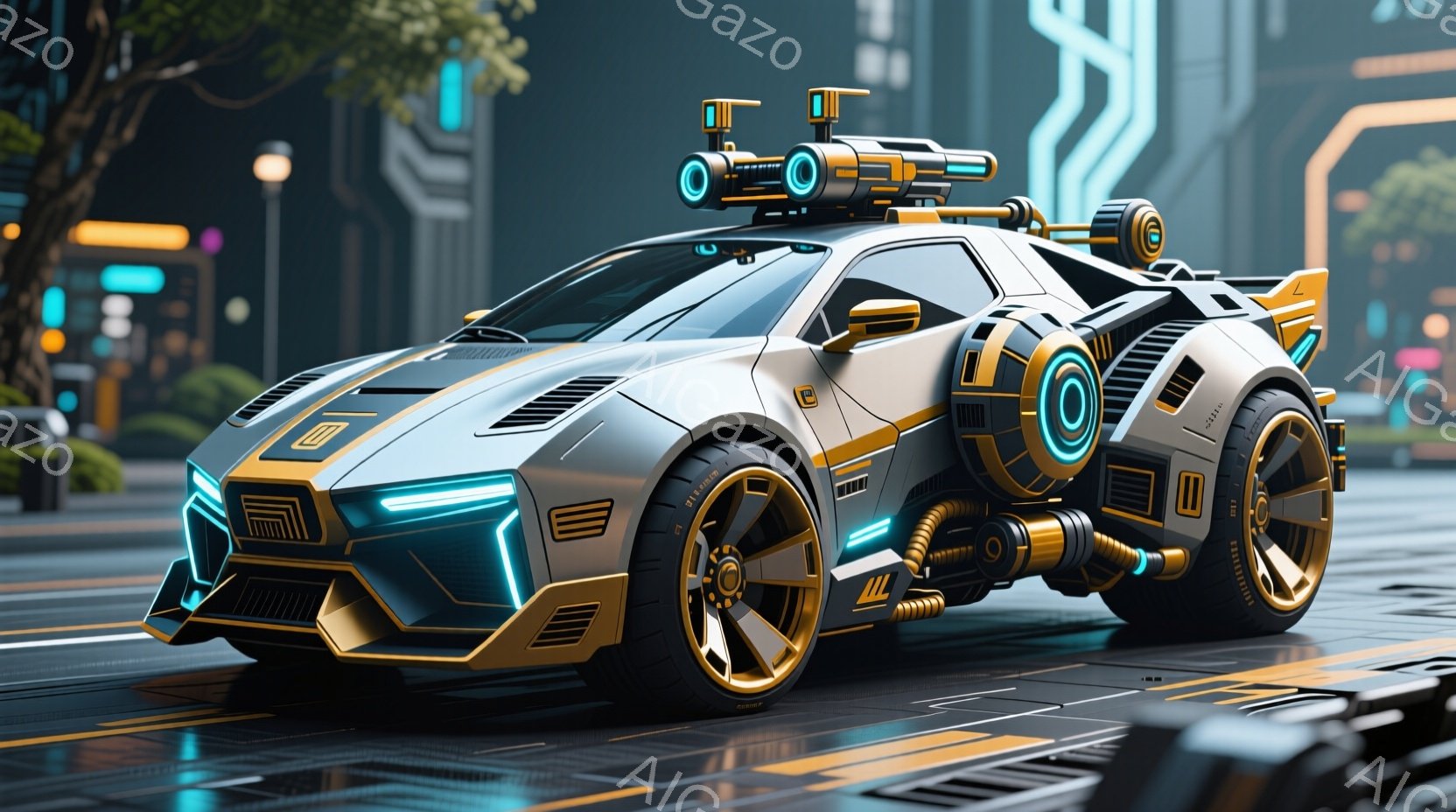 未来的なデザインの白と金色のスポーツカーが、濡れた路面に映り込みながら描かれている。青色のネオンライトが車体やホイールのアクセントとなり、近未来的な雰囲気を強調している。背景にはぼやけた都市の風景が見え、雨上がりの夜のシーンを想像させる。