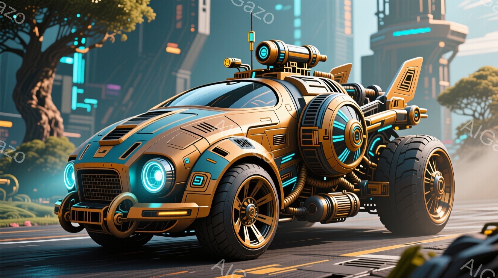 未来的なデザインのオレンジ色の車が、街路を疾走している様子が描かれている。車両は、複雑なメカニズムと青色の発光アクセントが特徴で、巨大なタイヤと空力的なフォルムが印象的だ。背景には、高層ビルと緑豊かな植物が混在する未来都市が広がり、晴天の下、躍動感あふれる雰囲気を醸し出している。
