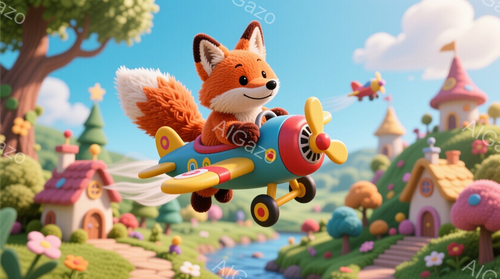 オレンジ色の毛並みを持つキツネが、レトロな水色の飛行機に乗って空を飛んでいます。背景には、カラフルで可愛らしい家々が並び、緑豊かな丘と小川が広がっています。全体的に明るく、おとぎ話のような温かい雰囲気で、晴天の下、楽しい冒険に出かける様子が表現されています。