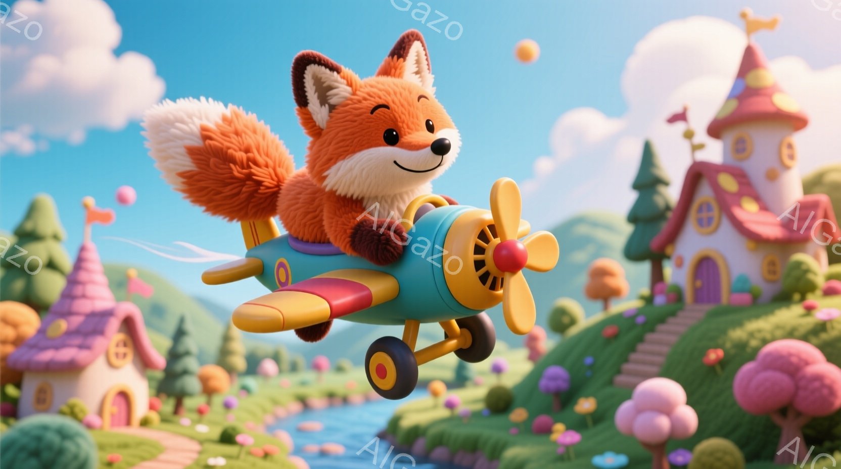 明るい緑の丘とパステルカラーの家々が広がる背景を、可愛らしいキツネが操縦する小さな水色の飛行機が飛んでいる。キツネは笑顔で、ふさふさのオレンジ色の尻尾が風になびいている。全体的に明るく、おとぎ話のような夢のような雰囲気で、晴天の下、穏やかな空気が漂っている。