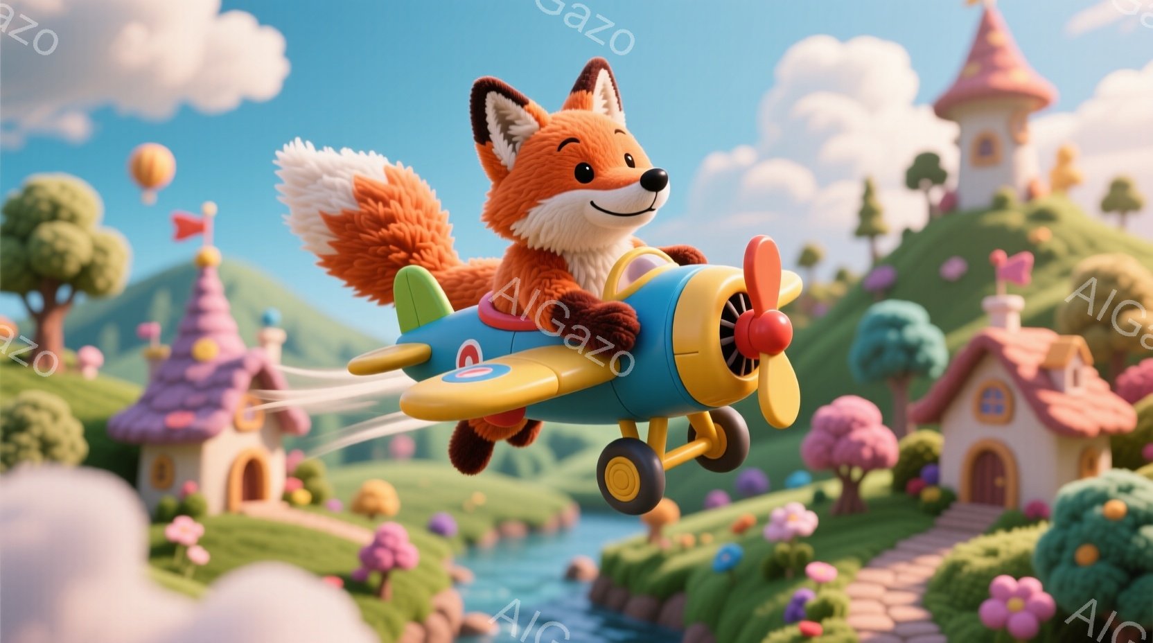 明るい青空の下、キツネが小型の飛行機に乗って飛んでいる様子が描かれている。キツネはオレンジ色の毛並みで、嬉しそうな表情を浮かべ、飛行機を操縦している。背景には、カラフルな家々や緑豊かな丘、そして水辺が広がり、夢のような、楽しい雰囲気を醸し出している。