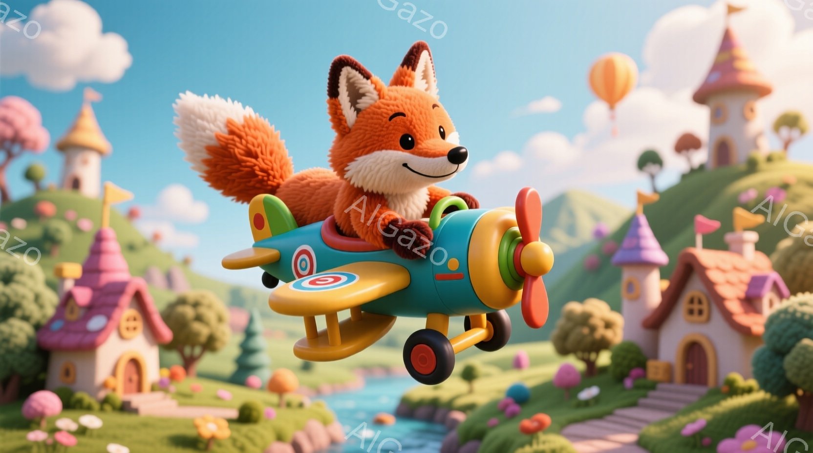 オレンジ色のキツネが、ターコイズブルーのプロペラ機を操縦して空を飛んでいます。背景には、ピンクとオレンジ色の可愛らしい家々が並び、緑豊かな丘と青い川が広がっています。全体的に明るく、カラフルで、夢のような雰囲気です。