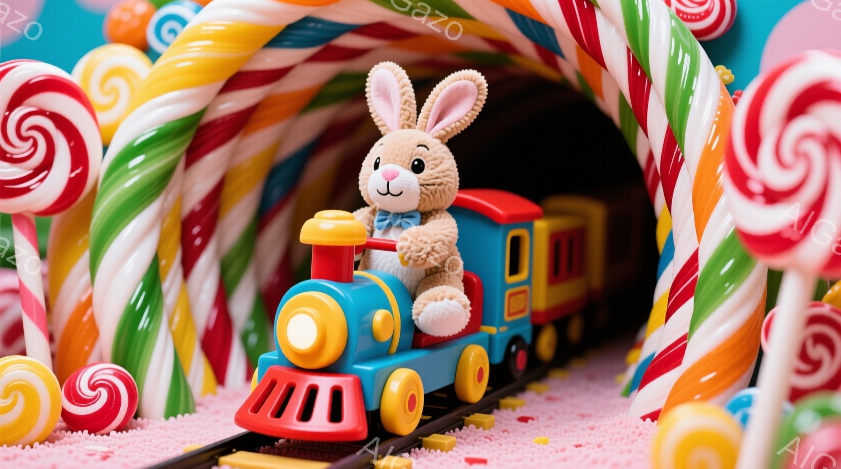 バンタムラビットが運転するという擬人化されたチョコレートポップストリップのシーンです。彼は機関士の格好で、銃を持ちながら、小さくて可愛い赤と黄の箱便車に乗っています。 周りは、白とピンクのざる菓子で装飾され、雰囲気は、甘くて楽しいイマージョンが感じられます。