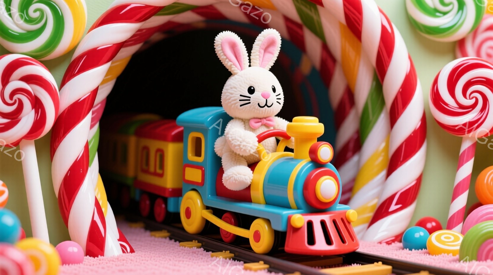 白いウサギのぬいぐるみは、カラフルな玩具の列車を運転しています。列車はピンク色の線路の上を、キャンディーのアーチをくぐるように走っており、背景には様々なカラフルなキャンディーが並んでいます。全体的に、 - AI生成フリー素材