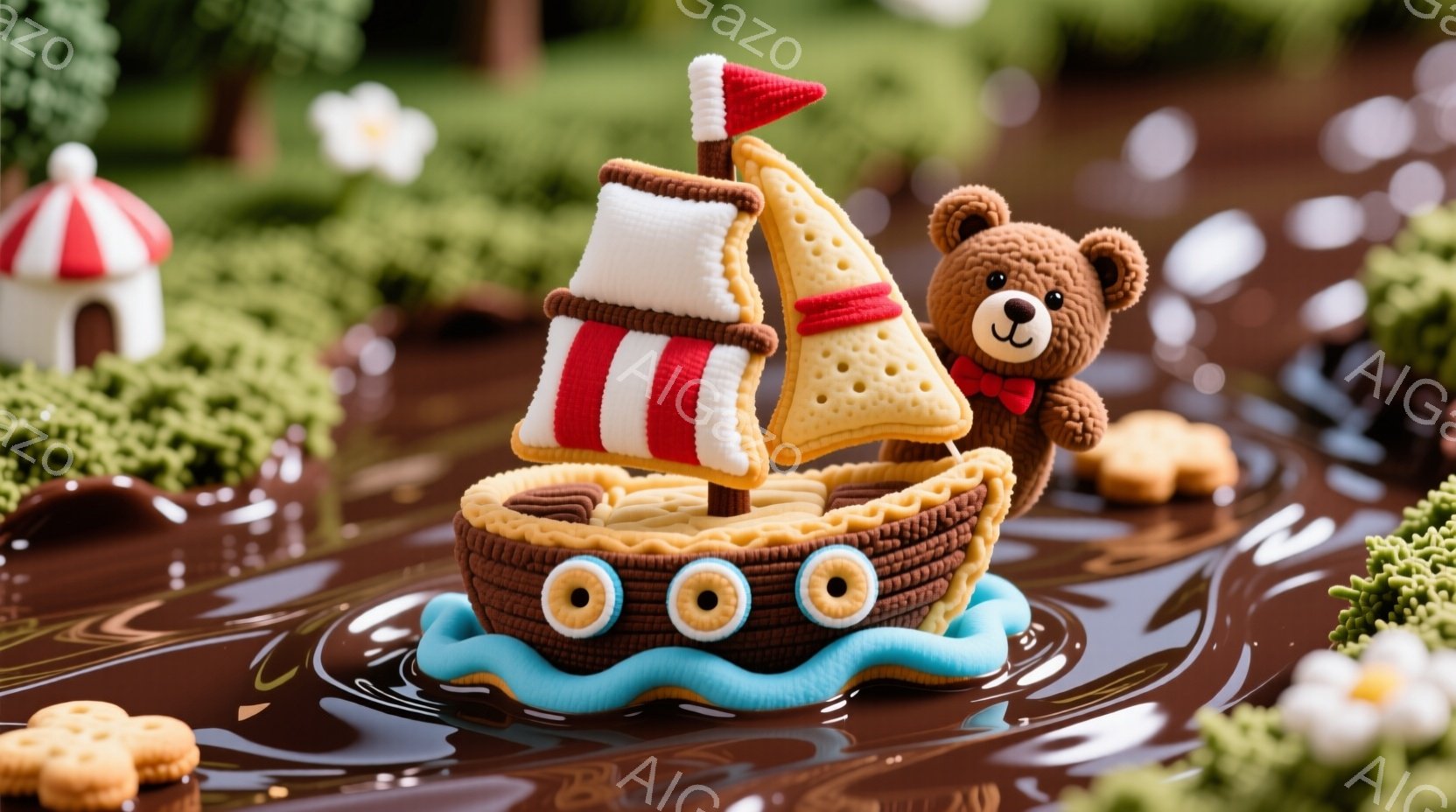 チョコレート色の背景に、クッキーで作られた船が浮かんでいます。船の前には茶色のテディベアが赤い蝶ネクタイをつけ、微笑んでいます。背景には、緑の茂みや白い花、そしてお菓子で作られた小さな家が見え、夢のよ - AI生成フリー素材
