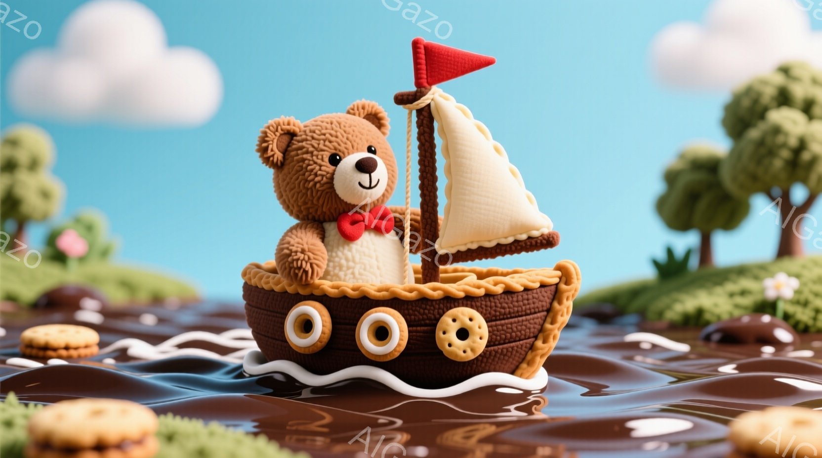 チョコレートの海を航海するテディベアが描かれています。テディベアは赤いリボンを首に巻き、クッキーで縁取られたチョコレートボートに乗って穏やかに前を見据えています。背景には、緑の丘と小さな木々が点在し、夢のような甘い世界観を演出しています。