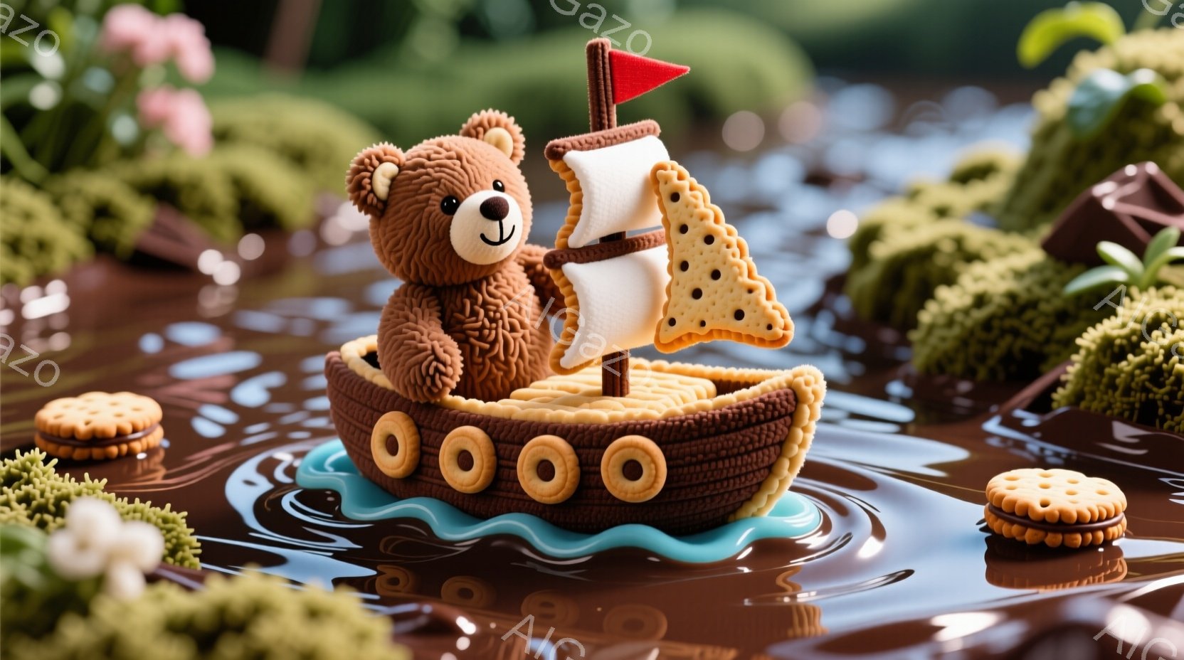 茶色のテディベアが、クッキーで作られたボートに乗って、チョコレートの海を航海している様子が描かれています。ボートはクッキーで縁取られ、ビスケットで作られた帆が付いており、背景にはチョコレートの波紋と、緑色の苔のような植物、そしてビスケットやチョコレートの破片が点在しています。全体的に甘くて夢幻的な雰囲気が漂い、お菓子の世界への冒険を連想させます。