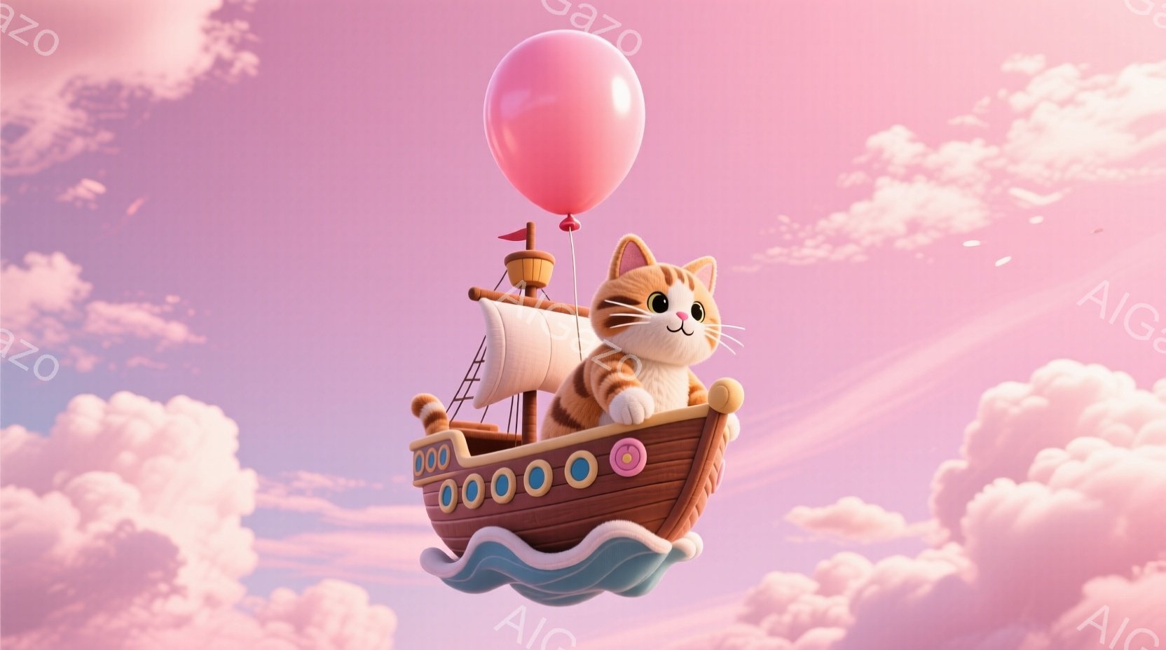 オレンジ色の縞模様の猫が、小さな手作りの船の上に乗って空を飛んでいます。船は水色の波を模した船底を持ち、マストには赤い旗がはためいています。背景はピンクと青の雲が広がり、夢のような穏やかな雰囲気を醸し出しています。