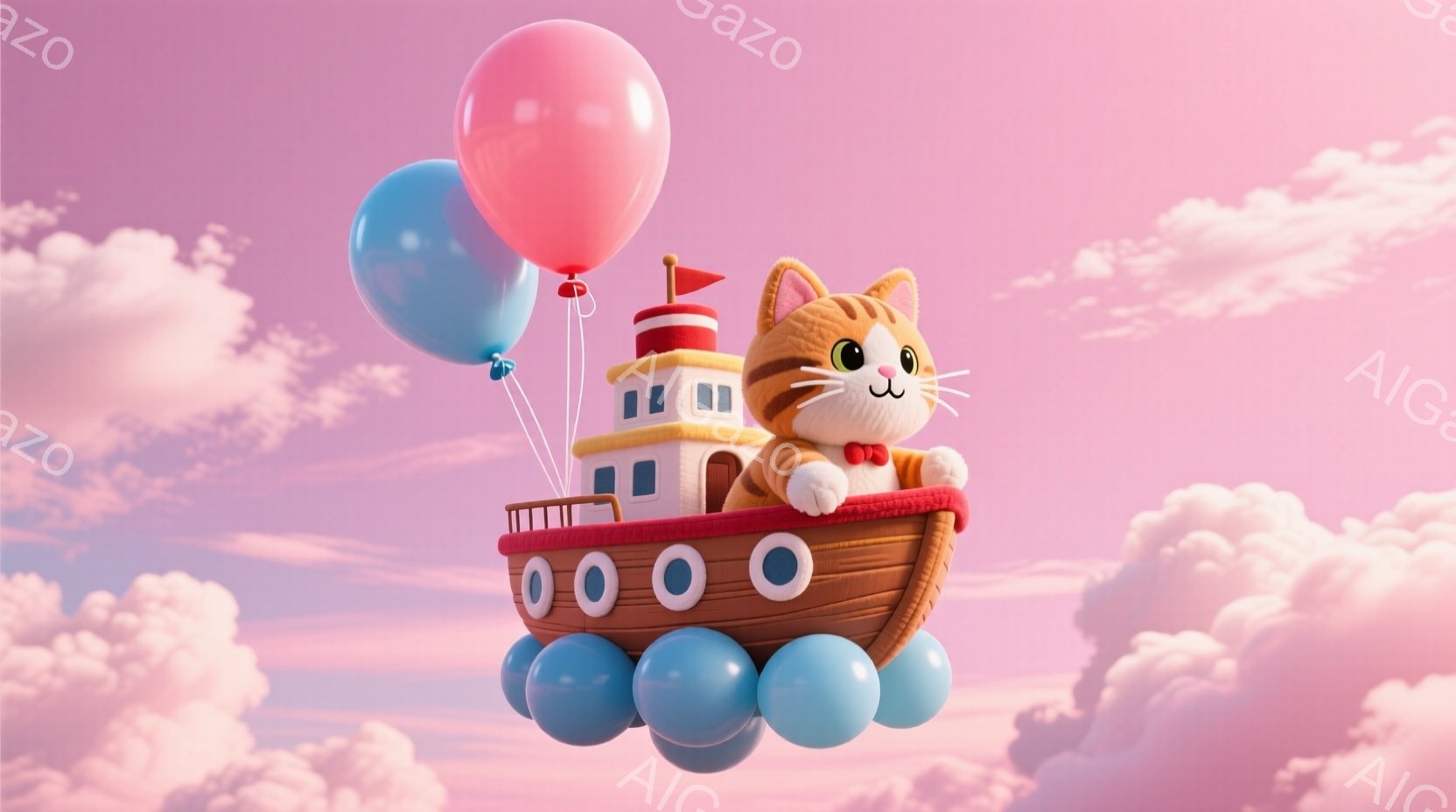 明るいオレンジ色の猫が、小さな茶色の船の操舵輪の前に立っており、赤いリボンをつけています。船は、水色の風船によって空中に浮かんでおり、背景にはピンクと白のふわふわとした雲が広がっています。全体的に、夢 - AI生成フリー素材