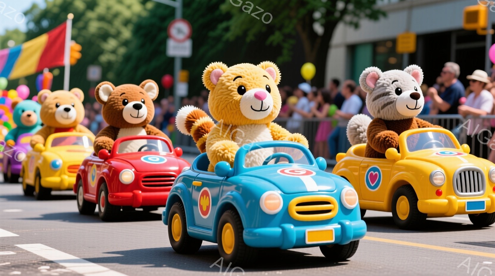 カラフルな車に乗ったテディベアたちが、パレードで進んでいます。ベアたちはそれぞれ赤い、青い、黄色の車を運転し、笑顔で手を振っています。背景には観客席が見え、晴れた空の下、賑やかな雰囲気です。