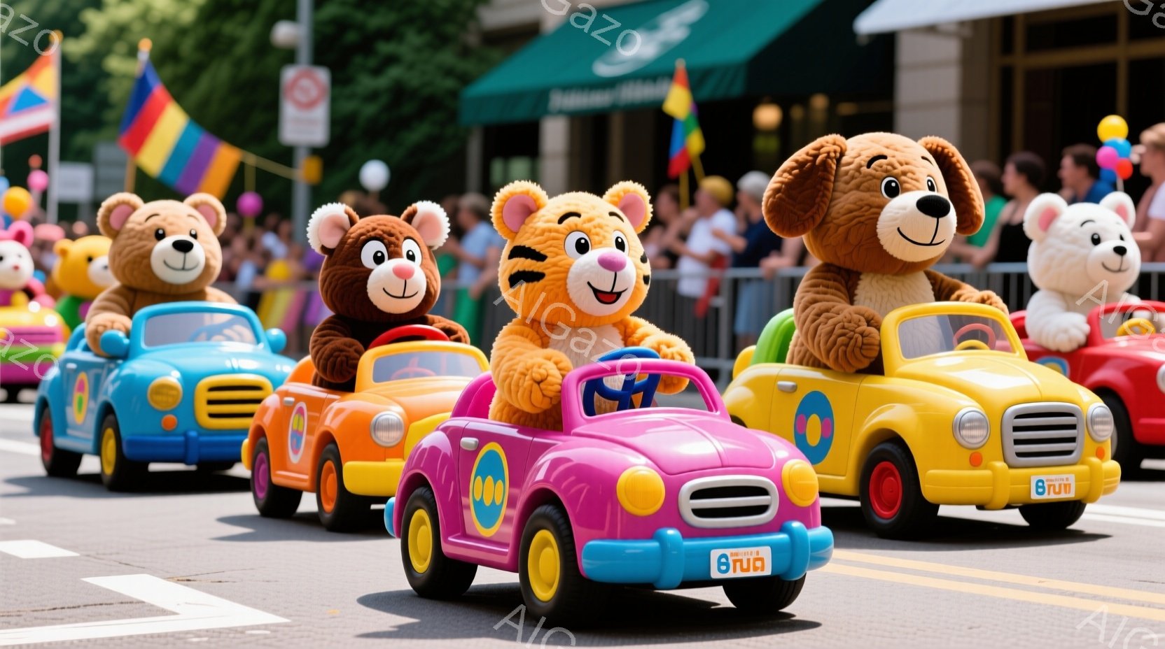 道路には、様々な色のクラシックな自動車に乗った、大きなぬいぐるみたちが列をなして進んでいます。それぞれのぬいぐるみは、異なる動物を模したデザインで、楽しげな表情をしています。背景には建物が見え、晴天の下、賑やかなパレードの一場面であることがわかります。