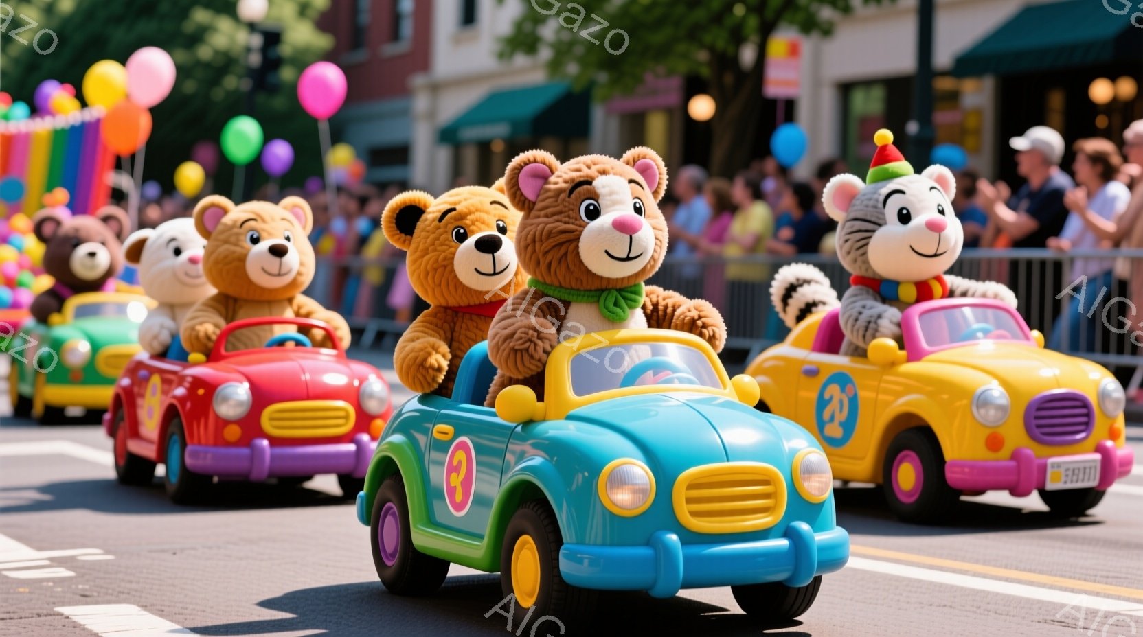 カラフルな車に乗った動物のぬいぐるみたちが、パレードで進んでいる様子が描かれています。クマや猫のぬいぐるみたちは、それぞれ運転手として車に乗り込み、楽しそうな表情をしています。背景には観客や建物が見え、晴れた日の賑やかなパレードの雰囲気が伝わってきます。