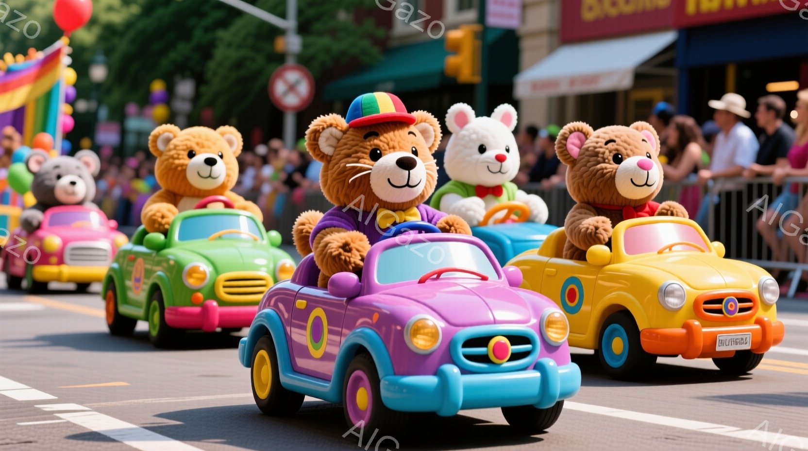 色とりどりの車を運転するテディベアたちが、パレードで前進している様子が写っている。テディベアたちはそれぞれ異なる色の車に乗り、帽子をかぶって楽しんでいるように見える。背景には観客席や建物が見え、晴天の下、賑やかなお祭りの雰囲気が漂っている。