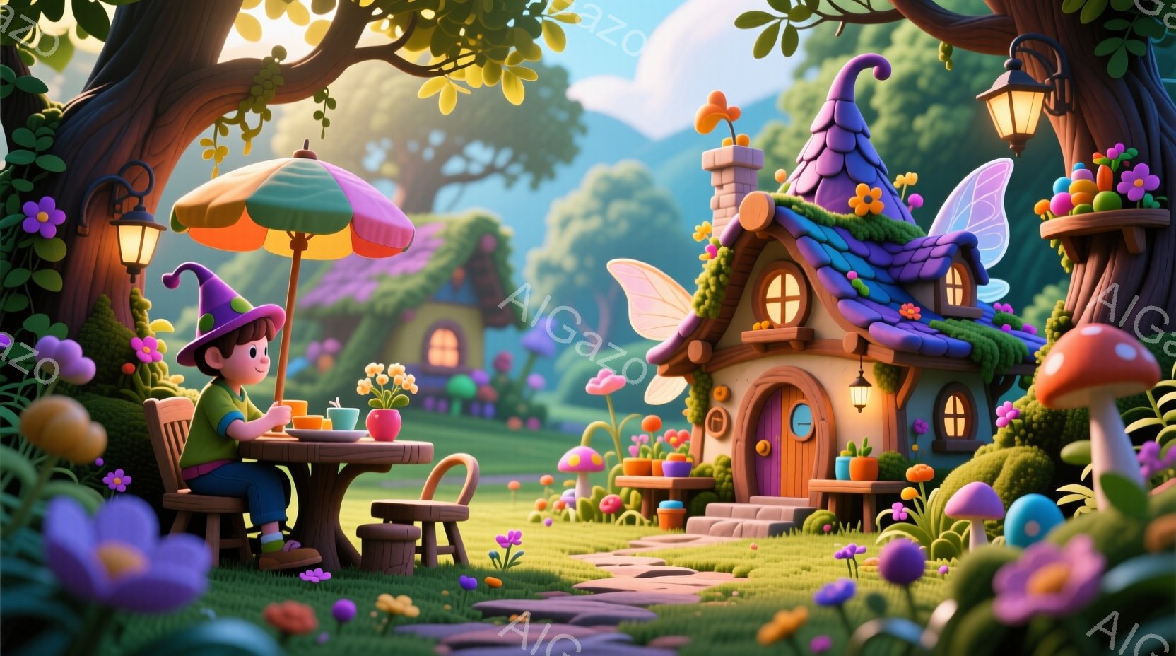 緑豊かな草原に、かわいらしい妖精の家が点在しています。少年はテーブルでティータイムを楽しんでおり、緑色のベストと茶色のズボンを身につけ、赤い帽子をかぶっています。背景には、色とりどりの花々が咲き乱れ、柔らかな光が差し込み、温かく幻想的な雰囲気が漂っています。