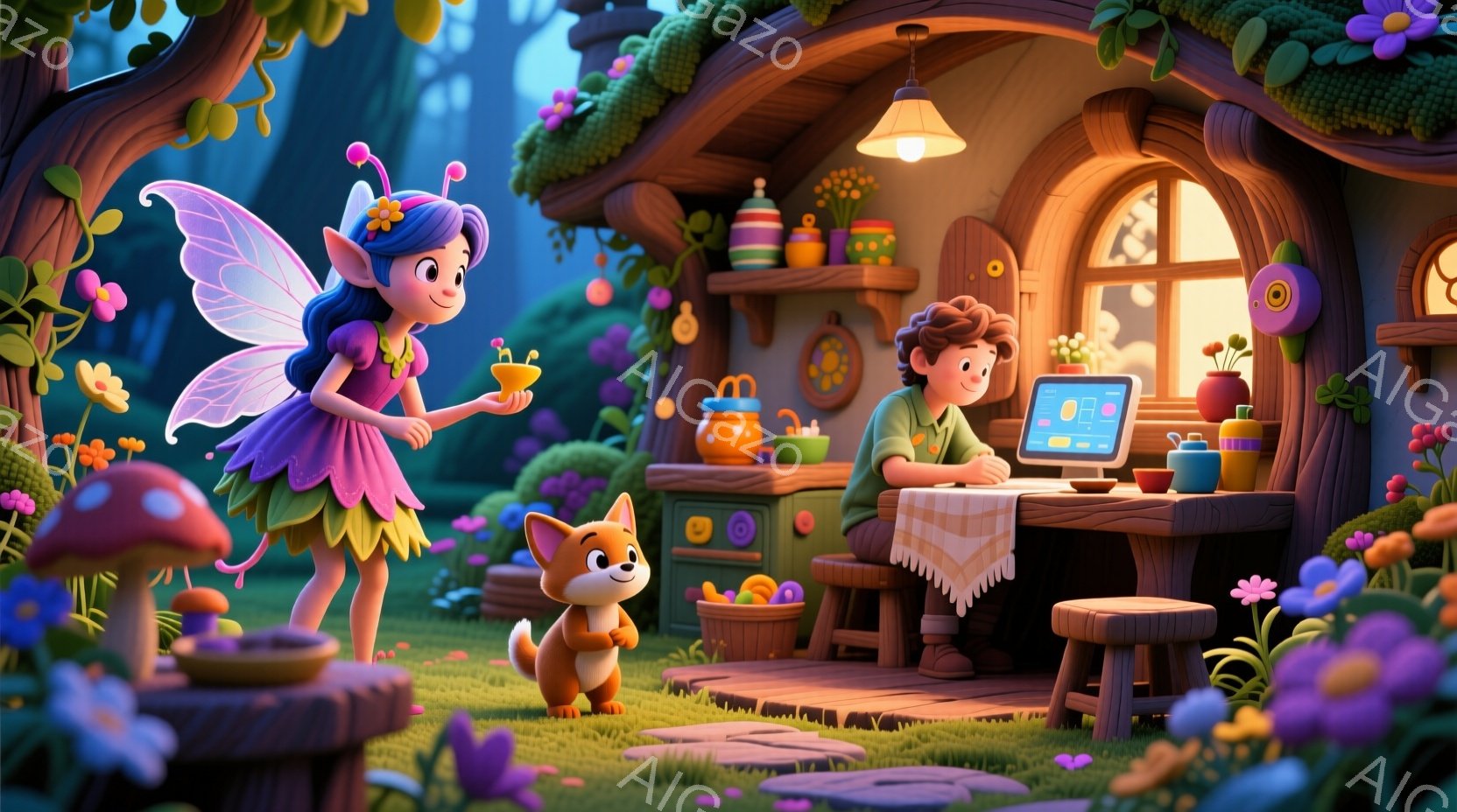 妖精のような少女が、小さな犬と共にキノコのテーブルの前に立っています。彼女は緑色のドレスを着ており、髪はピンクと紫のラインが入ったお団子ヘアで、顔には笑顔が見られます。背景には、植物で覆われた可愛らし - AI生成フリー素材