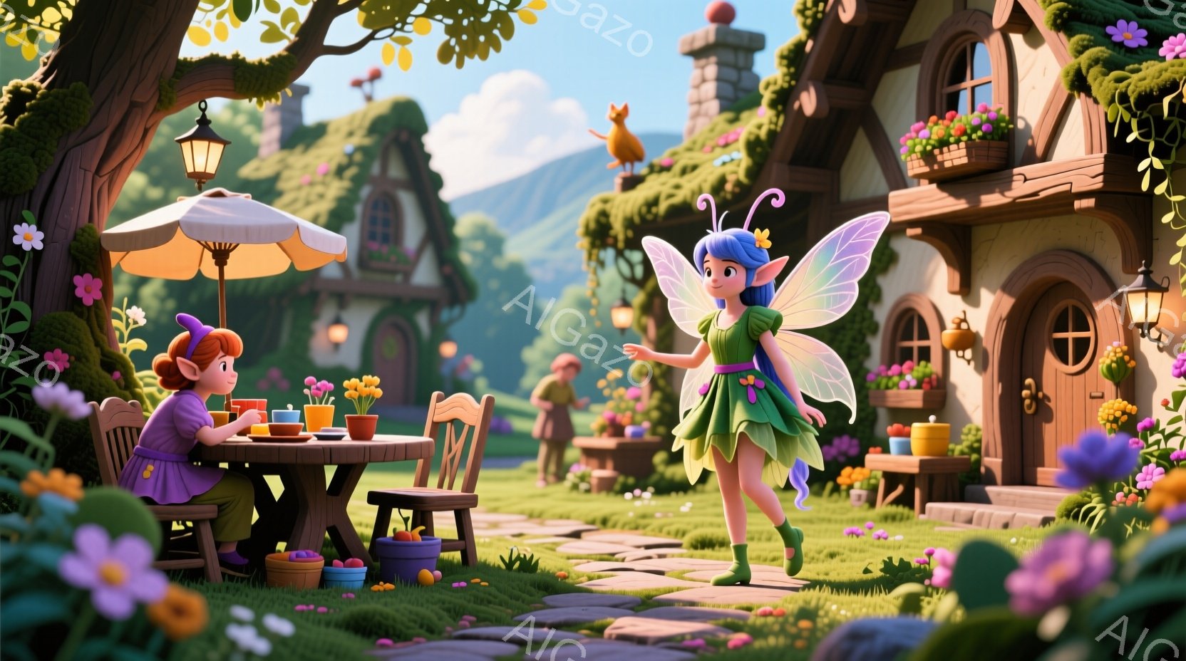 緑豊かな庭で、赤い髪の少女がテーブルを囲んでお茶を楽しんでいます。空には妖精が舞い上がり、緑色のドレスと透明な羽を持っています。背景には可愛らしいコテージと、花で飾られた道、そして穏やかな日差しが広がっており、平和で幻想的な雰囲気を醸し出しています。