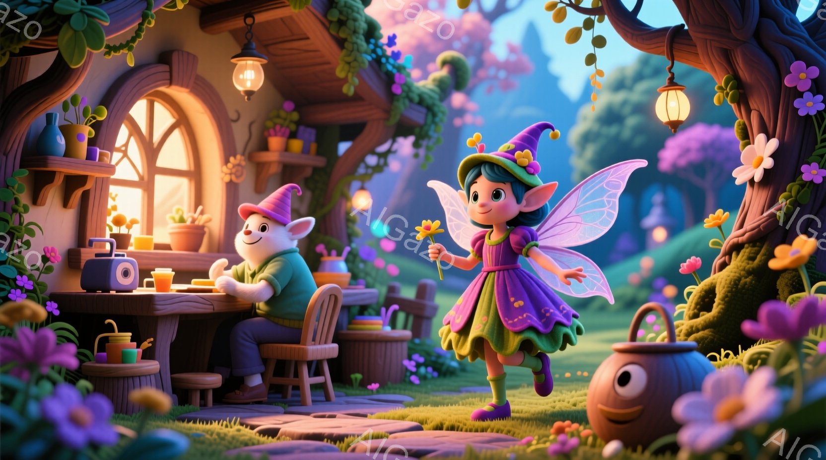妖精の女の子が緑の草の上に走り、黄色い花を手に持っています。彼女は緑色のドレスと紫色のストライプの靴下を着ており、緑色の帽子をかぶっています。背景には、暖かく光る窓のある可愛らしいコテージと、花や植物が生い茂る森があり、暖かく幻想的な雰囲気を醸し出しています。