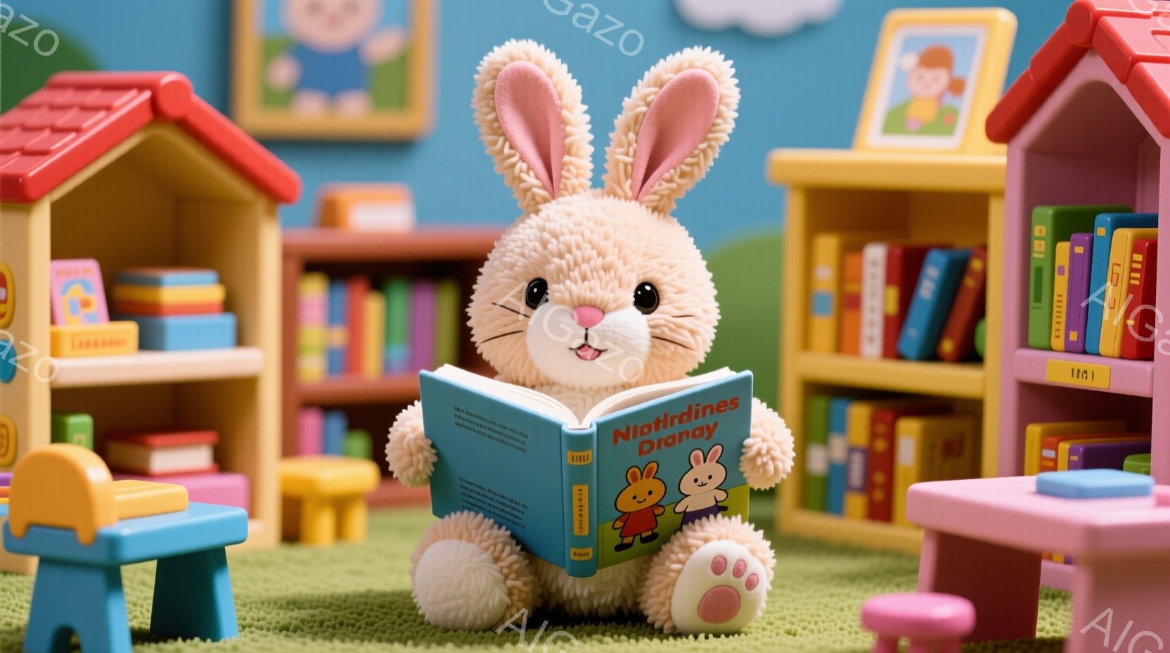 明るいピンク色のカーペットの上に、ふわふわのウサギのぬいぐるみが座って本を読んでいます。背景には、カラフルな本棚と積み木があり、子供部屋のような暖かい雰囲気です。ウサギは穏やかな表情で、夢中になって読書を楽しんでいる様子が伝わってきます。