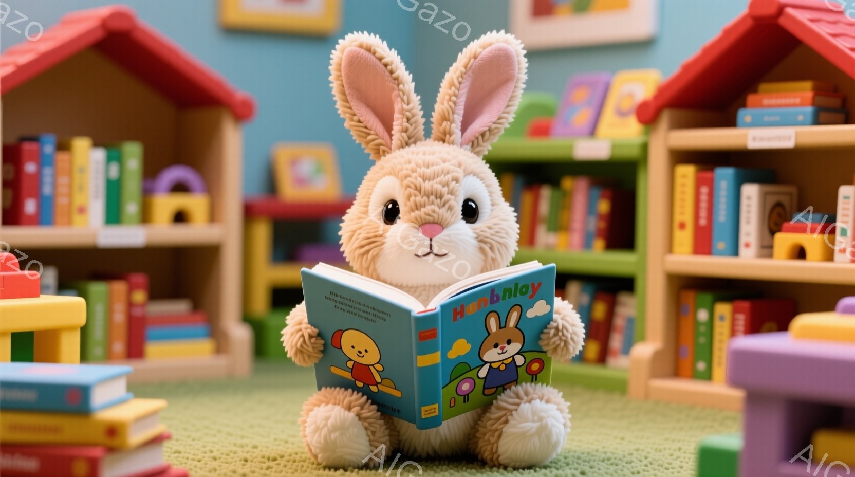 ふわふわのウサギのぬいぐるみは、カラフルな絵本を熱心に読んでいます。背景には、積み木や様々な色で並べられた絵本が並んだ本棚があり、明るく遊び心のある雰囲気が漂っています。全体的に、子供向けの可愛らしいお話の世界を表現した、温かみのあるシーンです。