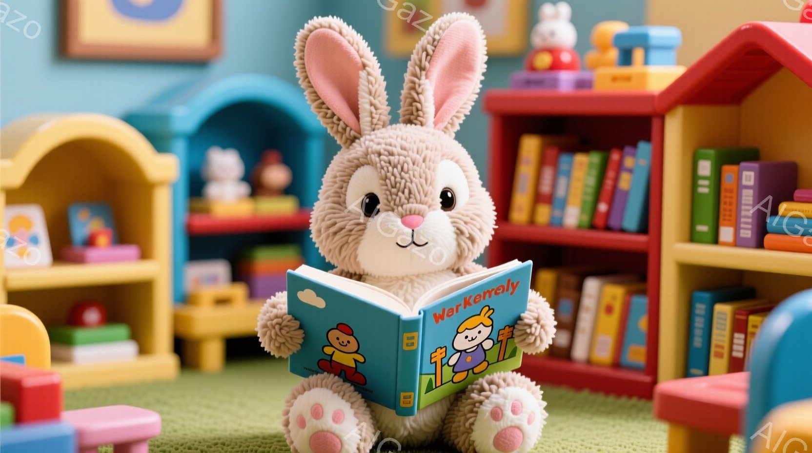 ふわふわの白いウサギのぬいぐるみは、緑色のカーペットの上に座り、開いた本を読んでいます。カラフルな積み木や本棚が背景にあり、明るく遊び心のある雰囲気を醸し出しています。ウサギはリラックスした表情で、読書を楽しんでいる様子が伺えます。