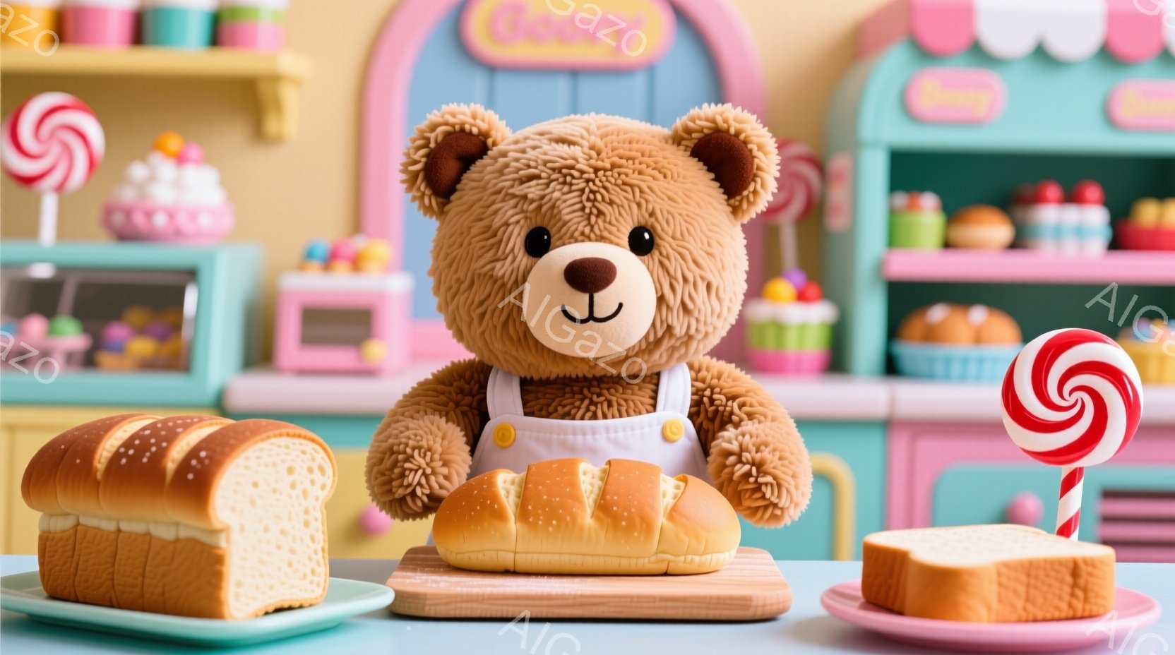 ふわふわの茶色のテディベアが、薄いピンク色のエプロンをつけてパンの前に立っています。背景にはおもちゃのような可愛らしいパン屋があり、カラフルなパンやキャンディが並んでいます。全体的に温かく、遊び心あふれる雰囲気で、子供向けの可愛らしい世界観を表現しています。