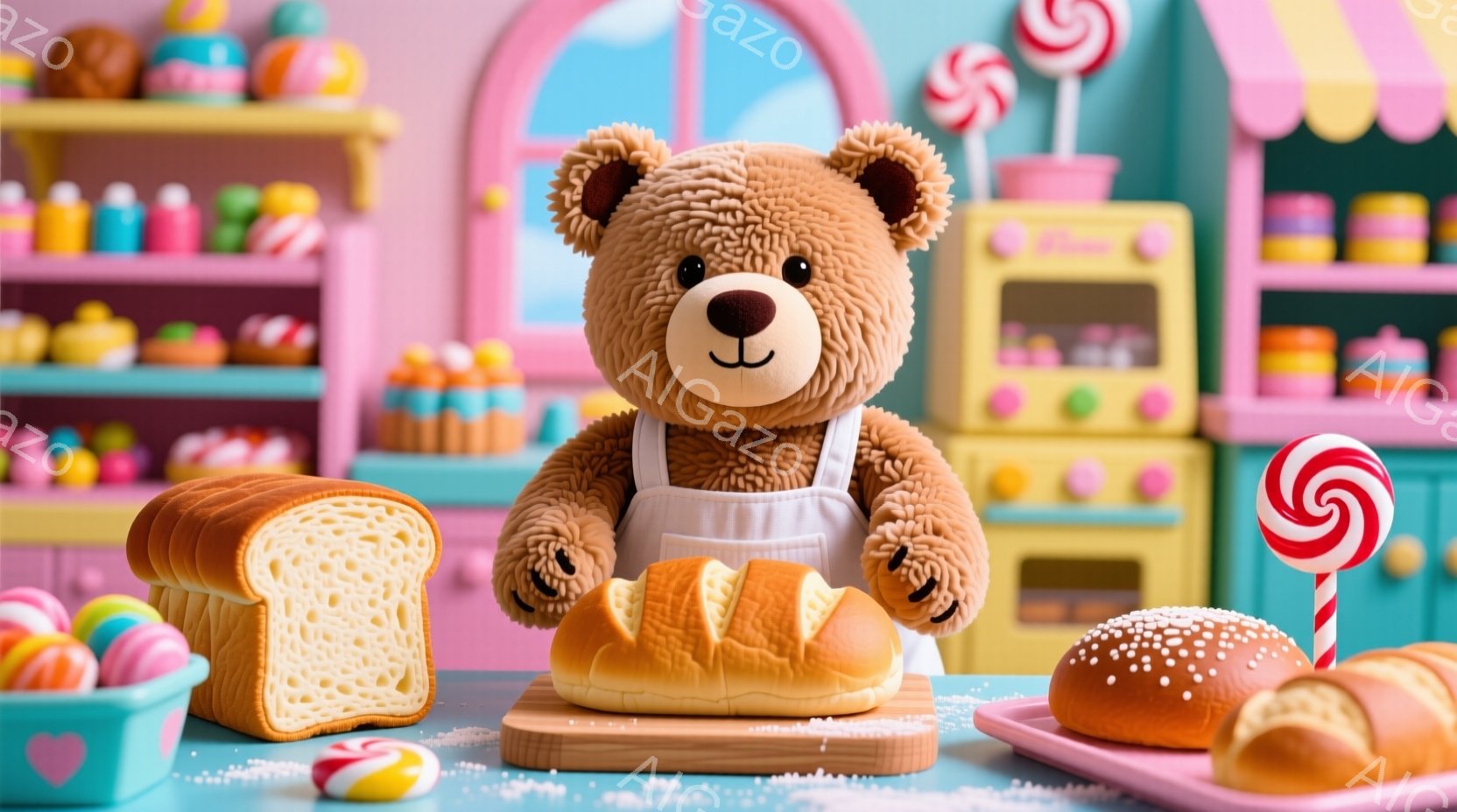 ふわふわの茶色のクマが白いエプロンをつけて、パンを焼いている様子が描かれています。背景には、カラフルな焼き菓子が並んだ棚、オーブン、キャンディなどがあり、明るく可愛らしい雰囲気です。クマは微笑んでおり、手には焼きたてのパンを乗せた木製の板を持っています。