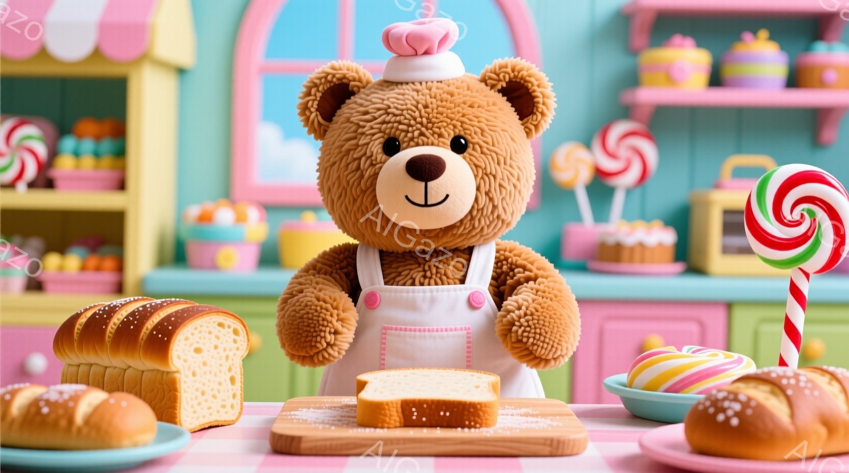 ふわふわの茶色のテディベアが、ピンクのエプロンをつけて立っています。頭には白い帽子をかぶり、優しい笑顔を浮かべています。背景には、カラフルなキャンディーやケーキが並び、パステルカラーの可愛らしいキッチ - AI生成フリー素材