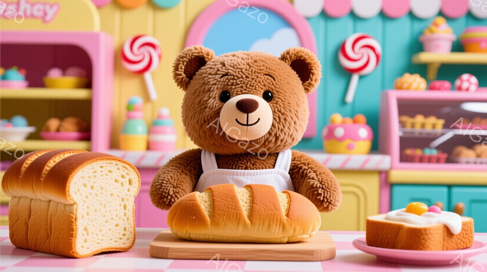 ふわふわの茶色のテディベアがエプロンをつけて座っており、正面を見据えて微笑んでいます。背景にはパステルカラーのカラフルなケーキやキャンディが並んだショーケース、そしてピンク色の背景があり、お菓子屋さんのような雰囲気です。テーブルの上には、焼きたてのパンがいくつか置かれており、温かく可愛らしい雰囲気を醸し出しています。
