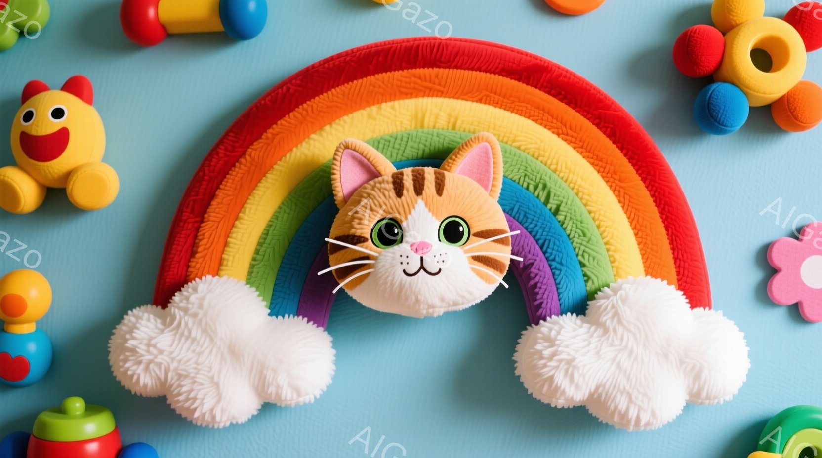 明るい水色の背景に、虹色のアーチが描かれ、その上にふわふわの白い雲が配置されています。雲の中心には、愛らしいオレンジ色の猫の顔が刺繍されており、緑色の大きな瞳と微笑みを浮かべています。虹の周りには、カラフルな積み木や花などの子供向けの玩具が散りばめられ、遊び心に満ちた雰囲気です。