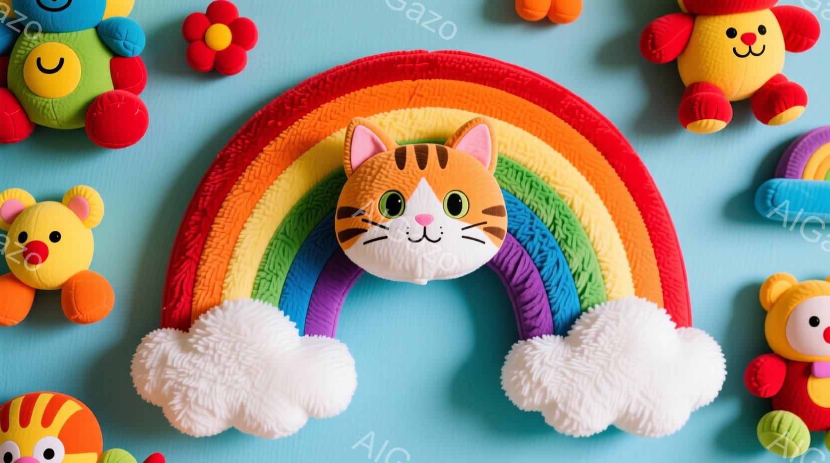 鮮やかな水色の背景に、様々な愛らしいぬいぐるみや造形物が配置されています。虹色のアーチが中央にあり、その中に猫の顔がはめ込まれています。全体的に、明るく、遊び心にあふれ、子供らしい雰囲気です。