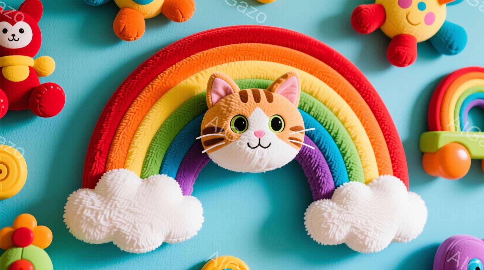 明るい水色の背景に、虹の形をした立体的な装飾が中央に配置されています。虹の下にはふわふわとした白い雲が二つあり、虹の中心にはオレンジ色の猫の顔が描かれています。周りには様々な形や色の子供向けの玩具が散りばめられており、全体的に明るく可愛らしい雰囲気を醸し出しています。