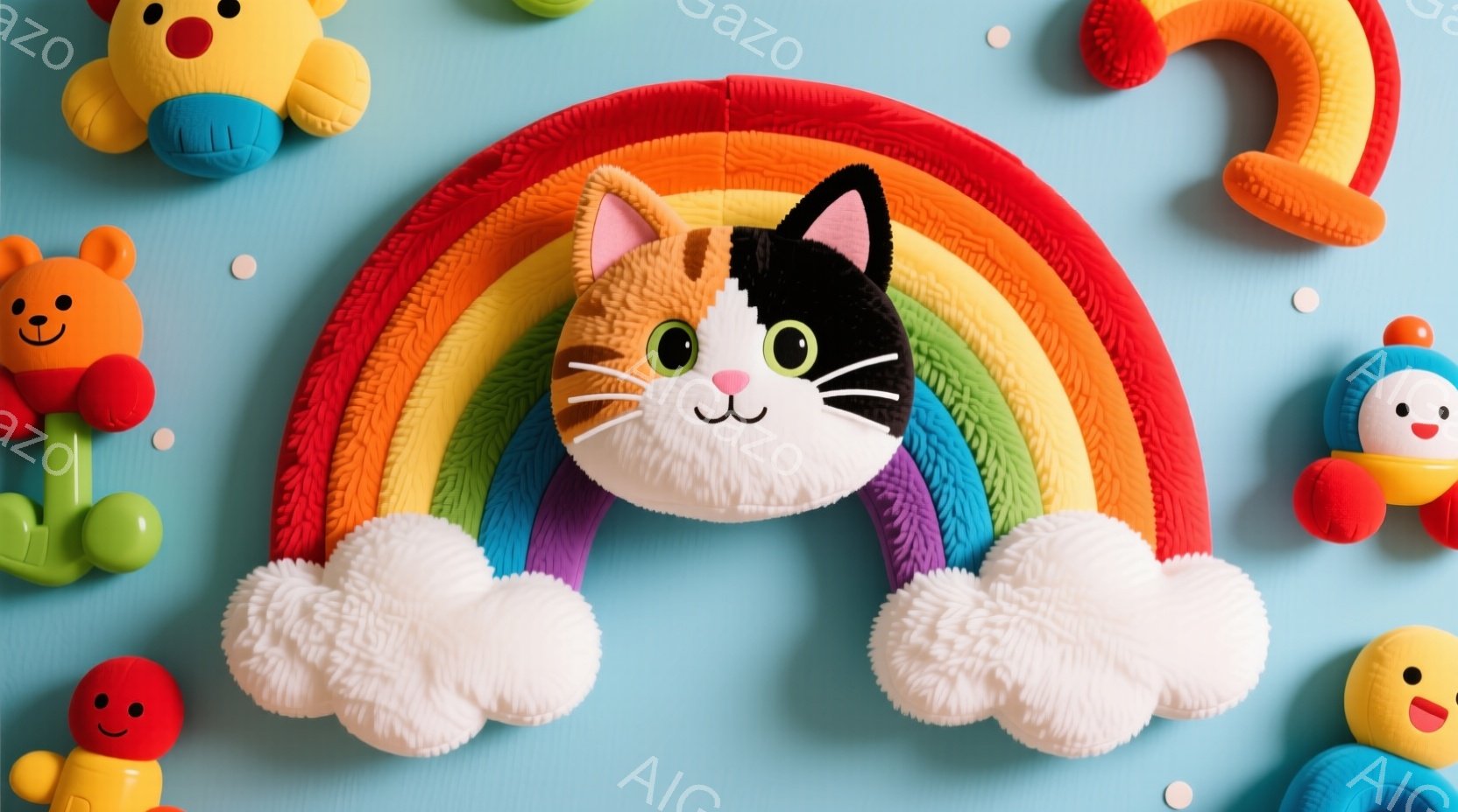 明るい水色の背景に、虹色のアーチが描かれ、その下にふわふわとした白い雲が配置されています。虹の中心には、白、オレンジ、黒の毛並みを持つ猫の顔が描かれており、緑色の目と微笑んだ表情が可愛らしいです。周り - AI生成フリー素材