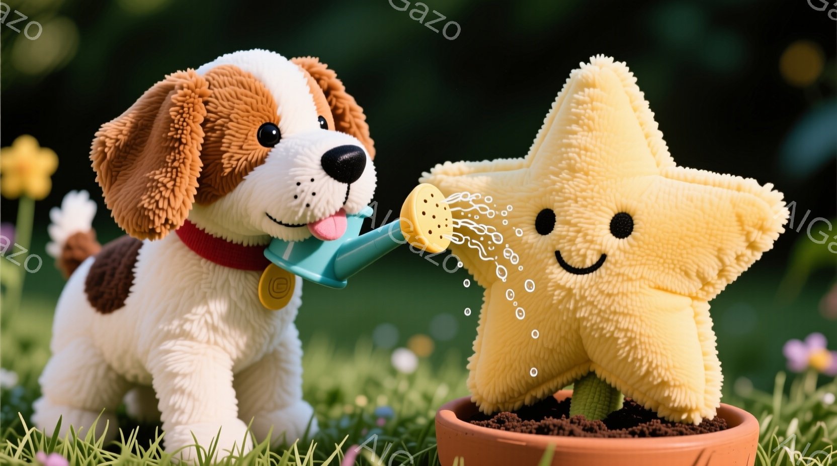 ふわふわの茶色の犬が、緑色のジョウロで黄色い星型の植物に水をやっています。犬は首輪をつけており、嬉しそうな表情で舌を少し出しています。背景には緑の草といくつかの小さな花が咲き、暖かい日差しが差し込む穏やかな雰囲気です。