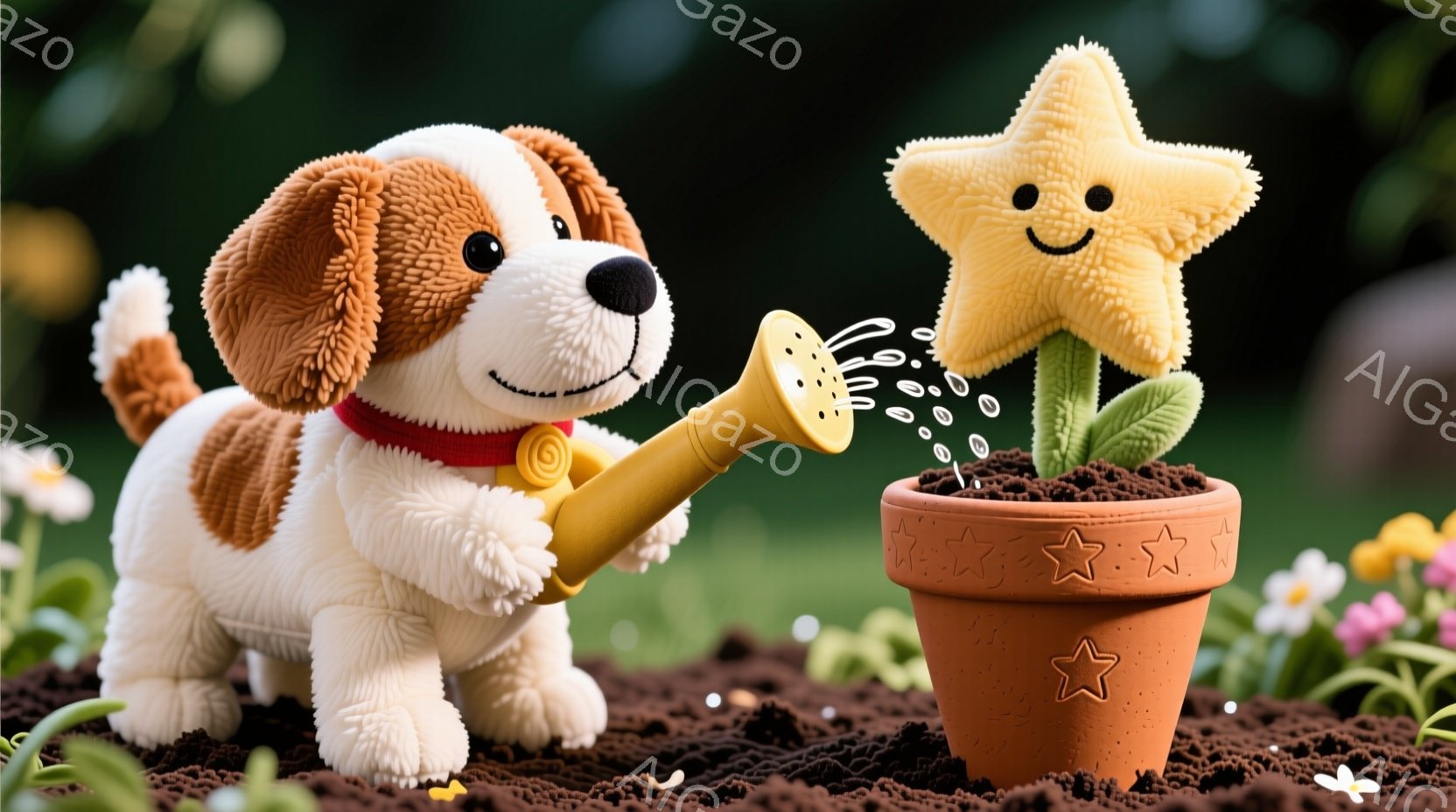 ぬいぐるみで作られた犬が、黄色いジョウロで鉢植えの植物に水をあげています。植物は星の形をした花で、可愛らしい表情をしています。背景には緑豊かな草地と小さな白い花が咲き乱れ、暖かく穏やかな雰囲気です。