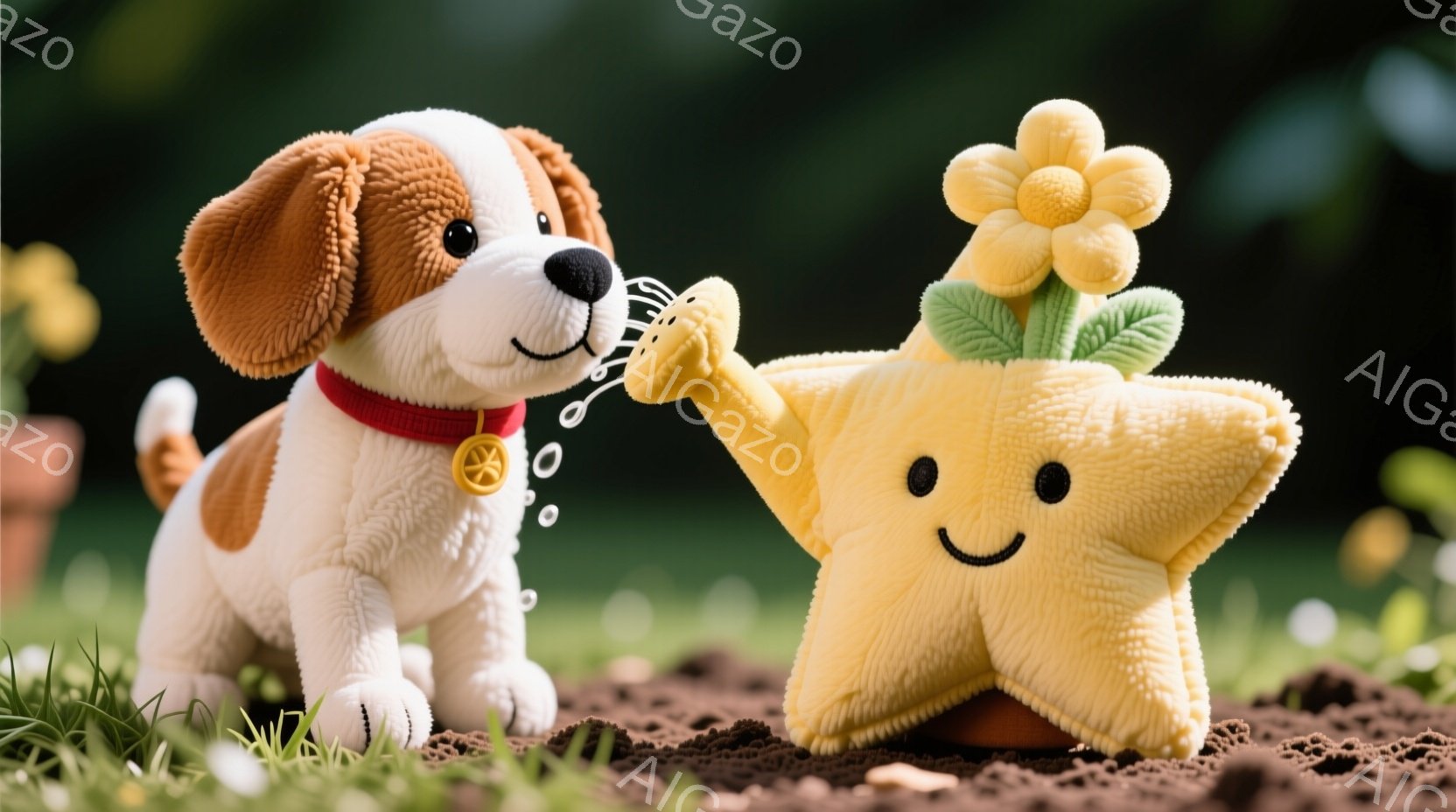 白と茶色の毛並みを持つ子犬が、土の中で埋まっている黄色い星のぬいぐるみに水をやっています。子犬は赤い首輪をつけており、嬉しそうな表情で前を見つめています。背景には緑の草と土があり、暖かく穏やかな雰囲気です。