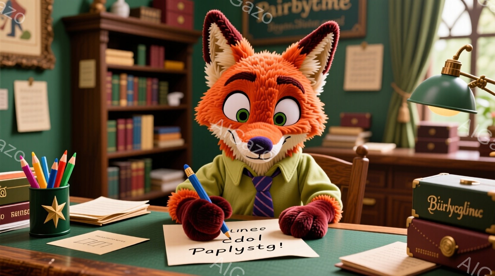 茶色のふわふわしたキツネが、緑色のオフィスで机に向かって座っています。彼は緑のベストと白いシャツを着ており、真剣な表情で何かを書き込んでいるようです。背景には本棚やランプがあり、落ち着いた雰囲気のオフィス空間が広がっています。