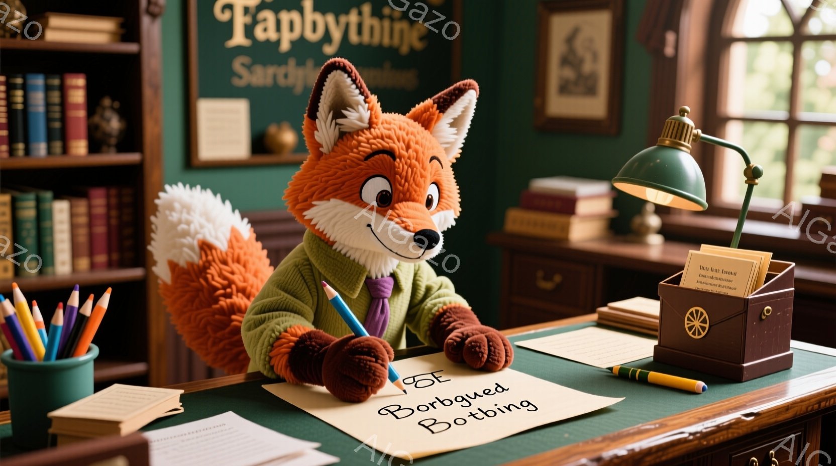 明るいオレンジ色の毛並みを持つキツネが、緑色のセーターを着て机に向かっています。キツネはペンを手に、紙に「Borbgued Botbing」と書かれたメモに向かって集中した表情で座っています。背景には本棚、卓上ランプ、ペン立て、そして「Tapybthine」と書かれた看板が見え、落ち着いた書斎の雰囲気が漂っています。