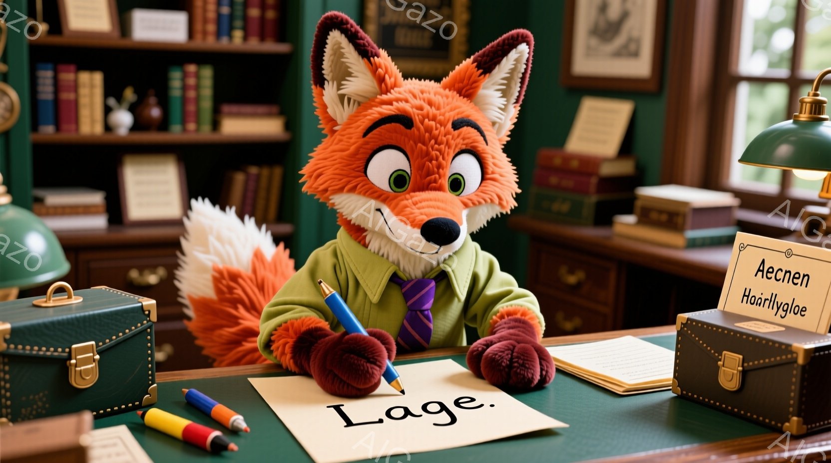 キツネのキャラクターが、緑色の書斎で執筆作業をしている様子が描かれています。キャラクターは緑色のセーターを着ており、真剣な表情でペンを握り、机に「Lage」と書かれた紙に向かっています。背景には整然と並んだ本棚と、アンティーク調のトランクなどが配置され、落ち着いた雰囲気の室内が表現されています。