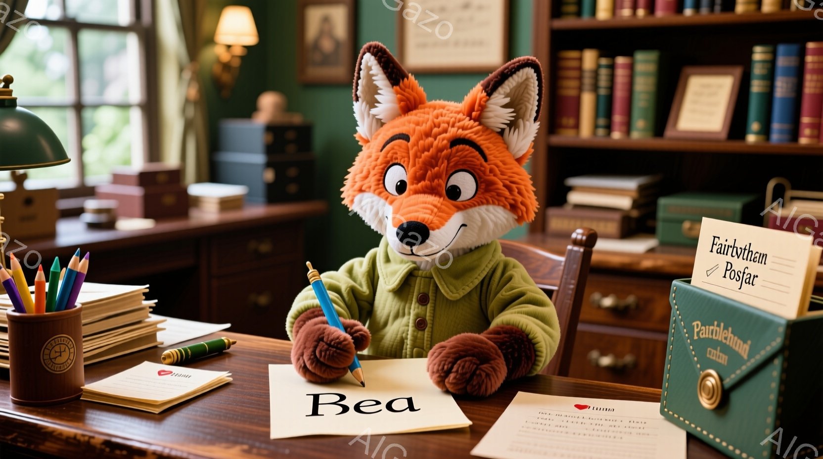 オレンジ色のキツネが、緑色のセーターを着て、机に向かって何かを書いている様子が描かれています。キツネは真剣な表情でペンを握り、集中して文字を書き進めています。背景には、たくさんの本が並んだ本棚と、手紙 - AI生成フリー素材