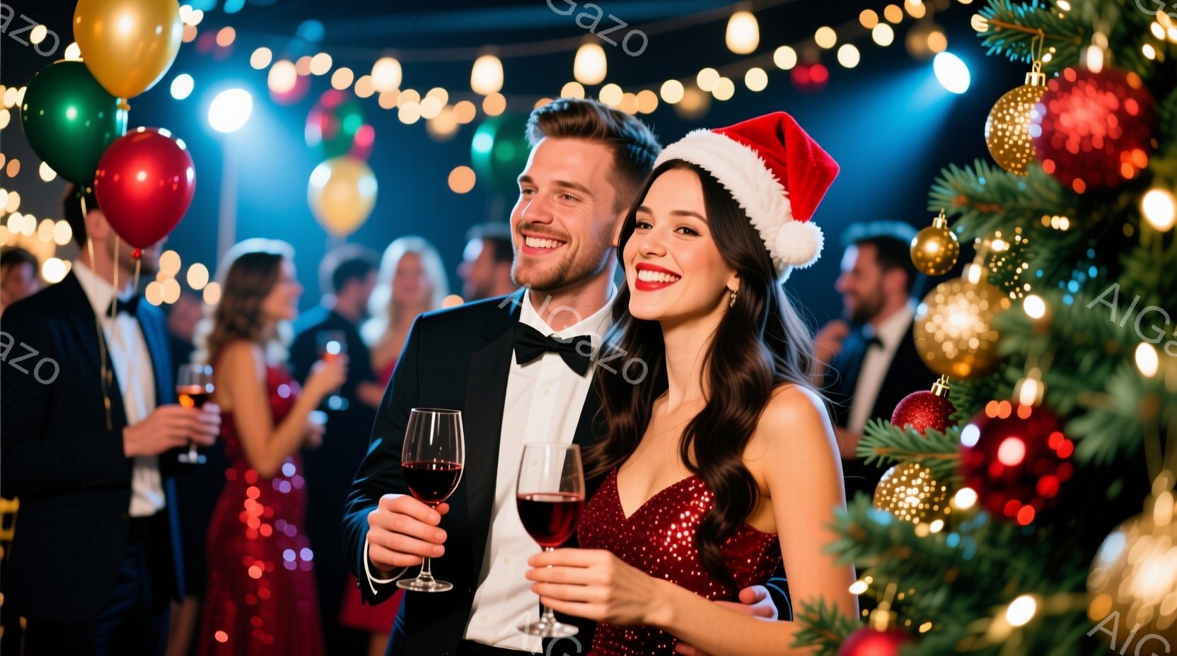 クリスマスパーティーの様子で、一対の男女がワイングラスを手に笑顔で佇んでいます。女性は赤いスパンコールドレスを着用し、髪を軽くカールさせており、サンタ帽を被っています。背景には他の参加者やクリスマスツ - AI生成フリー素材