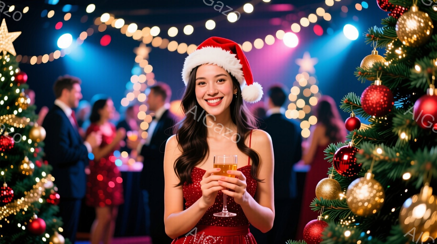 女性は赤いスパンコールドレスとサンタ帽を身に着け、シャンパンのようなグラスを手に微笑んでいます。背景には、ぼやけたパーティー会場とクリスマスツリーの装飾が見え、華やかで楽しい雰囲気が漂っています。彼女の姿勢はリラックスしており、祝福的なイベントを楽しんでいる様子が伺えます。