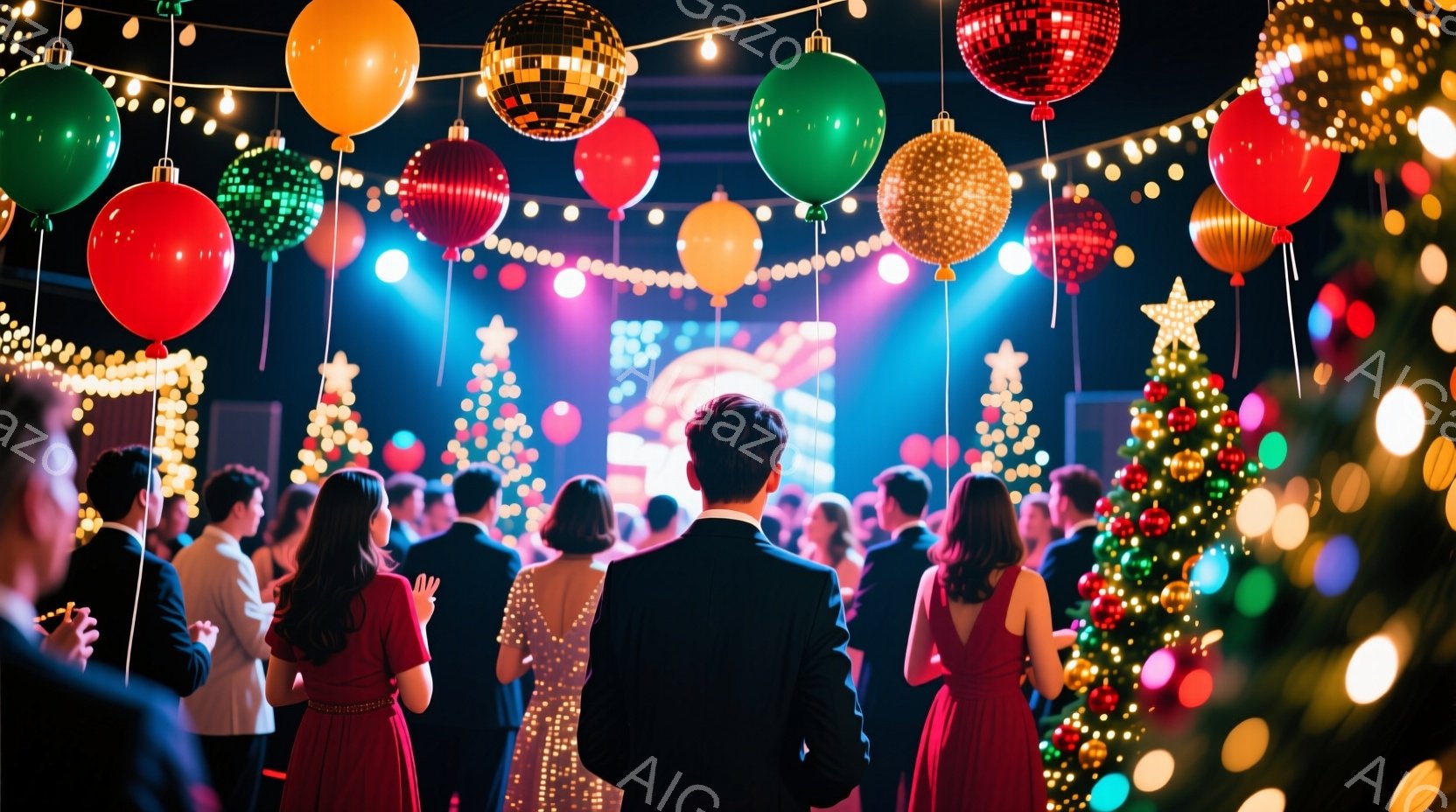 多数の人々が華やかなクリスマスパーティーに参加しており、男性は黒いスーツ、女性は赤いドレスを着ています。背景には、きらびやかな電飾、クリスマスツリー、そして色とりどりの風船が飾られ、パーティー会場は明るく活気に満ちています。人々は背を向けており、楽しげな雰囲気が伝わってきます。