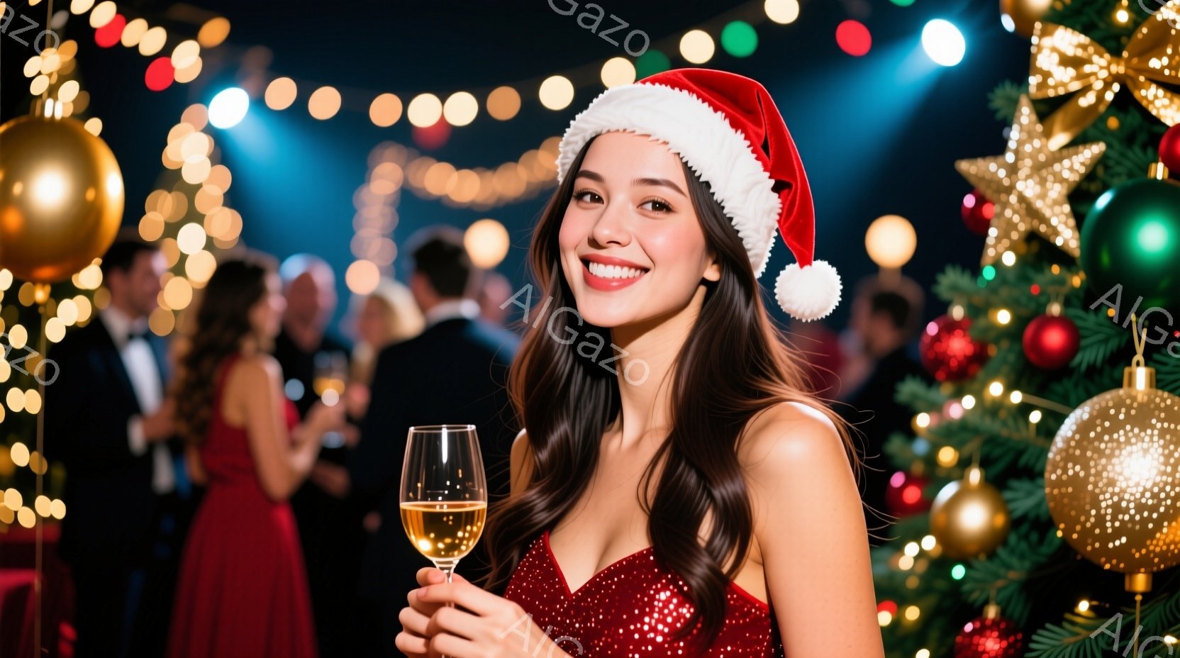 長い茶色の髪を肩から下まで伸ばした女性が、赤いスパンコールドレスとサンタ帽を身につけ、グラスに入ったシャンパンのような飲み物を手に微笑んでいます。背景には、ぼやけたパーティー会場の様子やクリスマスツリーの飾りが見え、華やかで楽しげな雰囲気が漂っています。彼女はカメラ目線で、喜びと幸福に満ちた表情をしています。