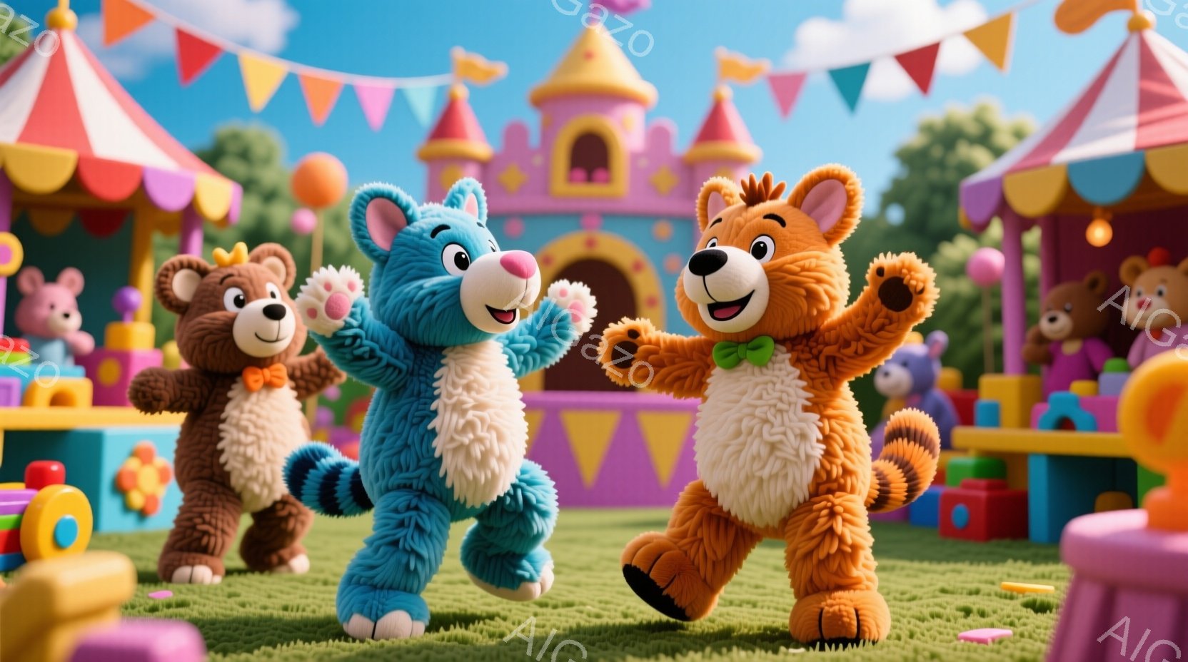 明るい緑の芝生の上で、青と茶色の毛並みのテディベアが楽しそうに踊っています。青いテディベアは赤い蝶ネクタイを、茶色のテディベアは緑の蝶ネクタイをそれぞれつけており、表情はとても幸せそうです。背景にはお城のような建物やカラフルな遊具があり、お祭りや遊園地のような楽しい雰囲気が漂っています。