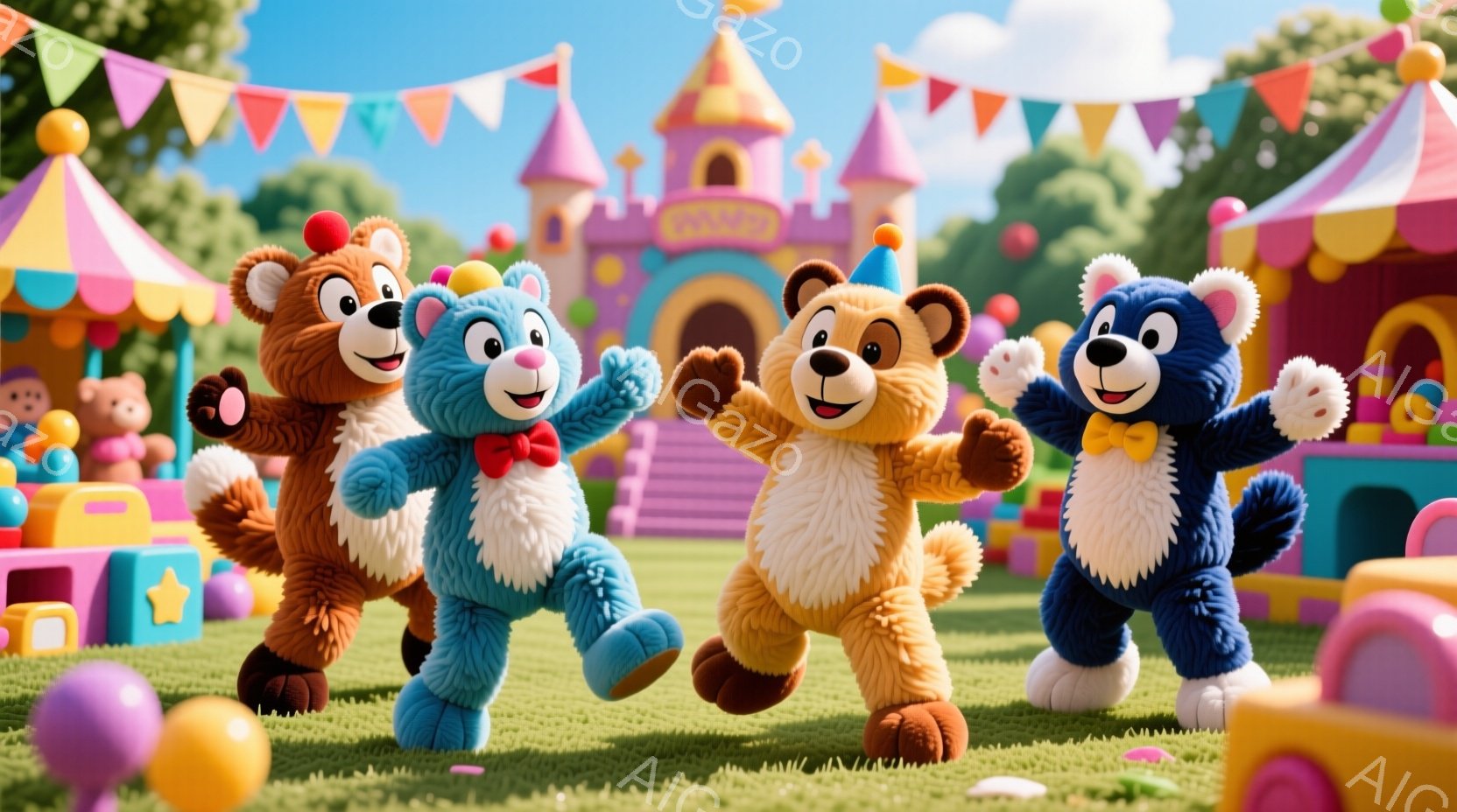 四匹のテディベアが、鮮やかな緑の芝生の上を勢いよく走っています。それぞれ茶色、青、茶色、青の毛並みで、赤いリボンや黄色いリボンを首に巻いています。背景には、カラフルなブロック、お城のような建物、そして - AI生成フリー素材