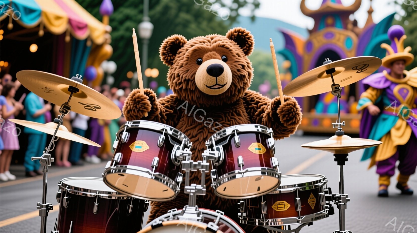 大きな茶色のクマのキャラクターがドラムセットを演奏している様子が写っています。背景には、色鮮やかなパレードの装飾や、紫色の衣装を着た人物がおり、活気に満ちたお祭りの雰囲気が漂っています。クマのキャラク - AI生成フリー素材