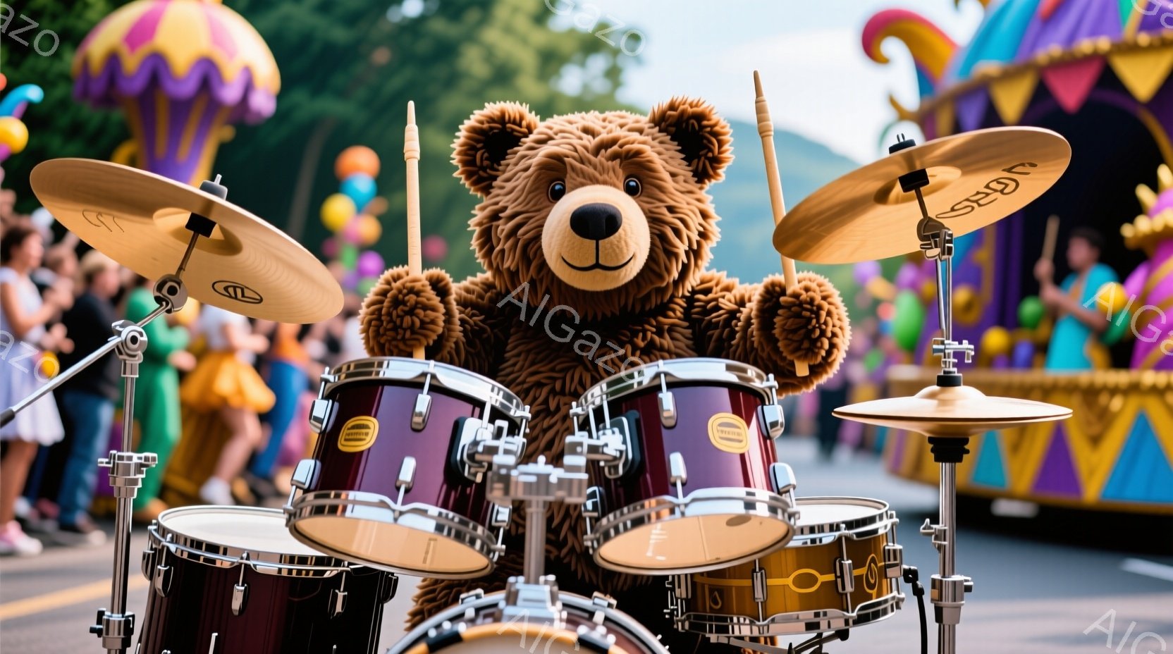 大きな茶色のクマの着ぐるみがドラムセットを演奏している様子が写っています。背景には、カラフルなフロートや観客がぼやけており、お祭りやパレードのような賑やかな雰囲気が伝わってきます。晴れた日の屋外で、楽しげなイベントの一場面であることがわかります。